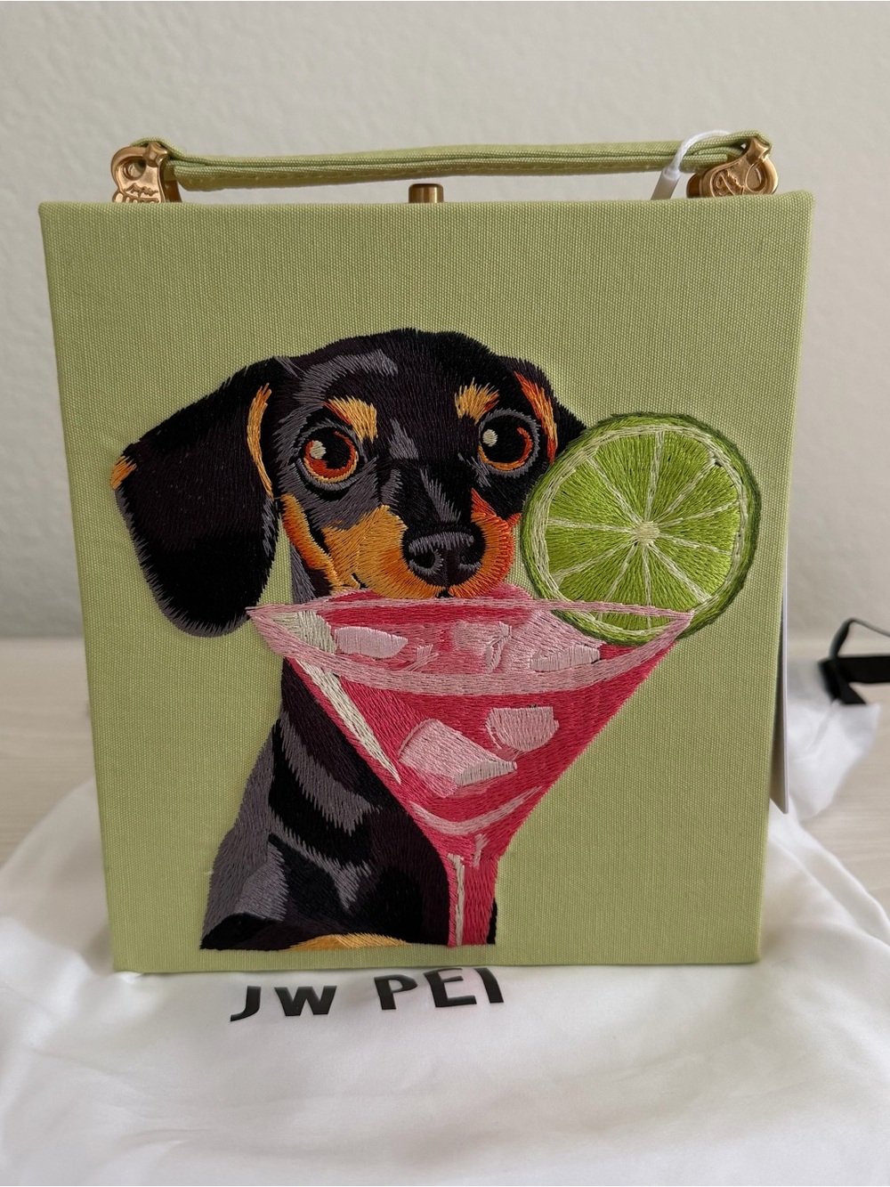 JW PEI Lime Green Tote with Dachshund and Pink Cocktail Embroidery